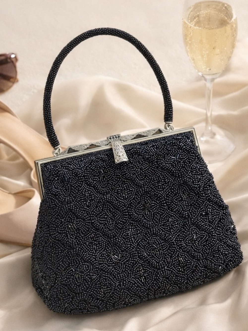 Vintage Beaded Top Handle Bag | Black Evening Purse | Art Deco Style Cocktail Ba